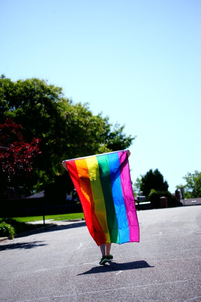 person holding a pride flag